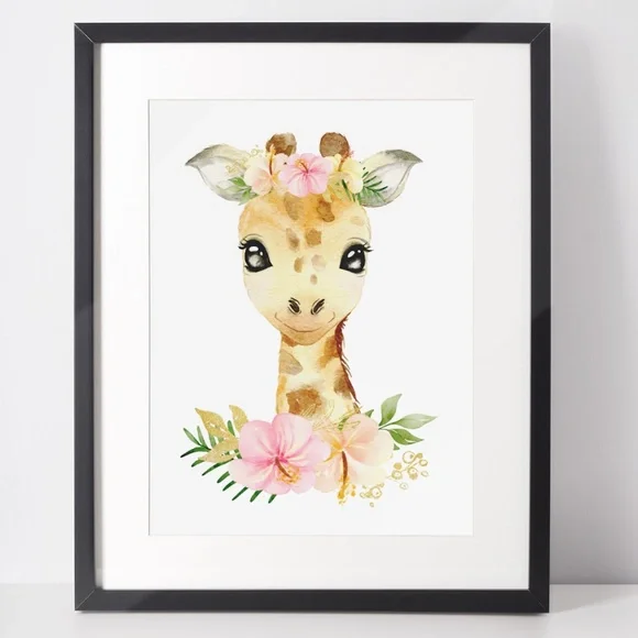 Cute Floral Giraffe Watercolor Wall Art Print Poster Unframed - Picture 3 of 15